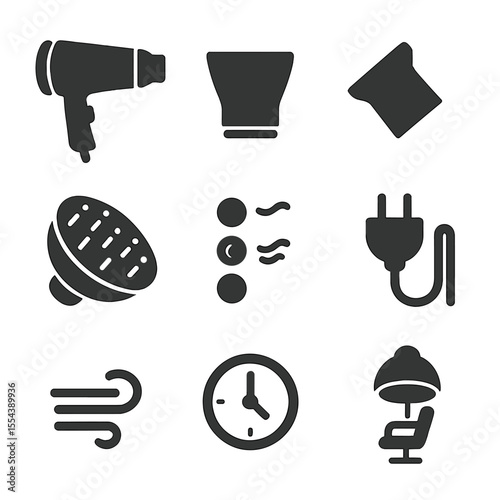 Blow Dryer Essentials Icons. Solid, filled icons set of blow dryer essentials: hair dryer, nozzle attachment,