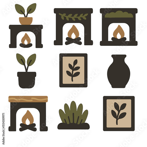 Botanical Fireplace Icons. Solid, filled icons set of fireplace mantel with greenery: potted plant, leafy