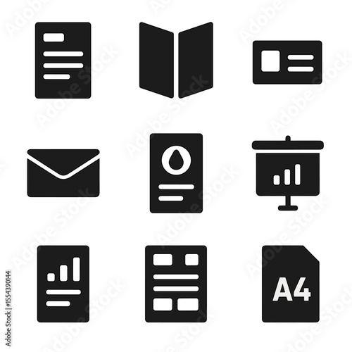 Business Printing Icons. Solid, filled icons set of business printing materials: letterhead sheet, brochure