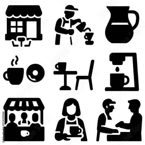 Café Icons Grid. Solid, filled icons set of coffee shop or café moments: cozy café, barista pour, water jug,