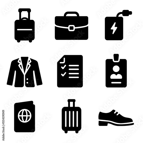 Business Travel Essentials. Solid, filled icons set of business travel essentials: briefcase on wheels, laptop