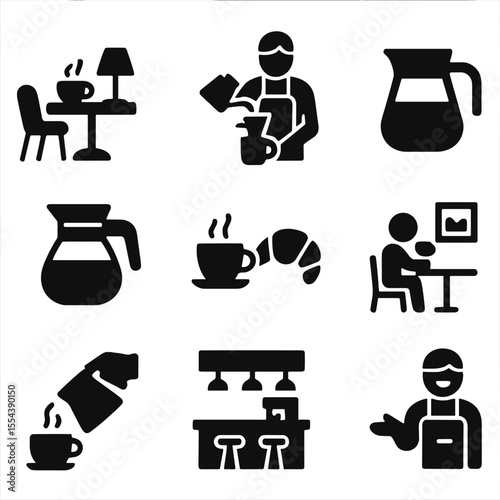 Café Icons Grid. Solid, filled icons set of coffee shop or café moments: cozy café, barista pour, water jug,