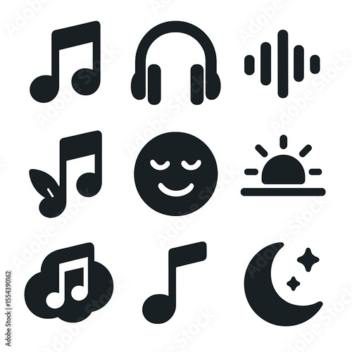 Calm Music Icons. Solid, filled icons set of calm music and soothing sounds: soft music note, headphone icon,