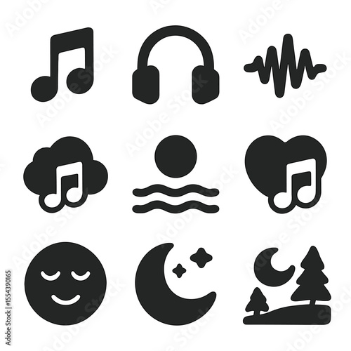 Calm Music Icons. Solid, filled icons set of calm music and soothing sounds: soft music note, headphone icon,