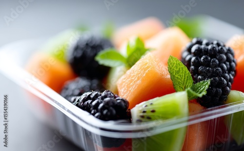 A colorful mix of fresh fruits, comprising berries, kiwi, melon, and grapes, forms a healthy and vibrant snack or addition to various dishes