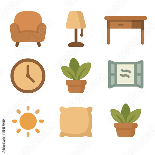 Calm Workspace Icons. Solid, filled icons set of calm work environment: soft chair, gentle lamp, tidy desk,