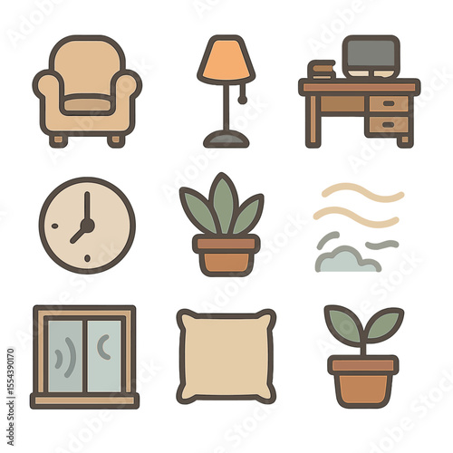 Calm Workspace Icons. Solid, filled icons set of calm work environment: soft chair, gentle lamp, tidy desk,