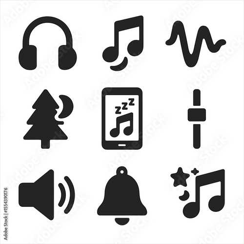 Calming Audio Icons. Solid, filled icons set of calming audio for sleep: headphones, lullaby note, ambient