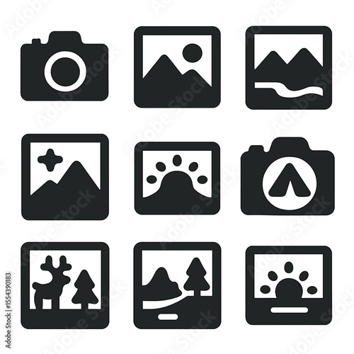 Camping and Photography Icons. Solid, filled icons set of camping and nature photography: camera icon, nature