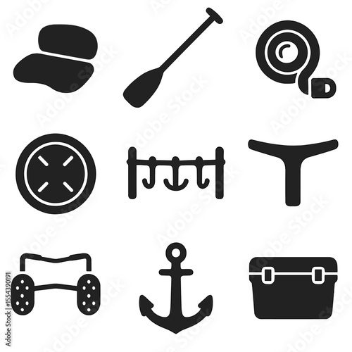 Canoe Gear Icons Grid. Solid, filled icons set of canoe gear setup: seat pad, adjustable paddle, tie-down