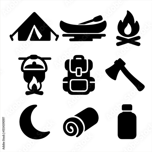 Camping Icons Grid. Solid, filled icons set of camping with canoe: pitched tent, canoe on shore, fire pit,