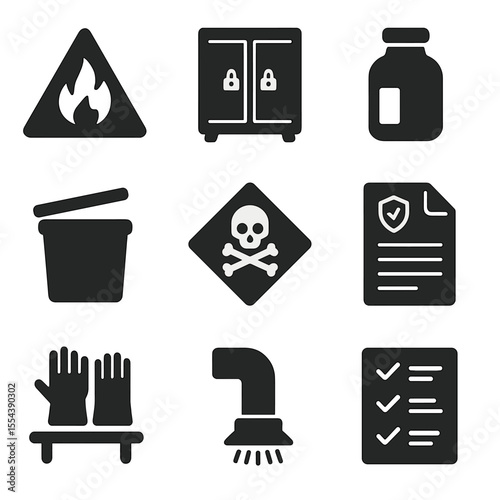 Chemical Safety Icons. Solid, filled icons set of chemical storage and handling: flammable symbol, chemical