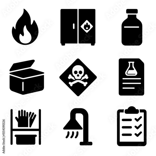 Chemical Safety Icons. Solid, filled icons set of chemical storage and handling: flammable symbol, chemical