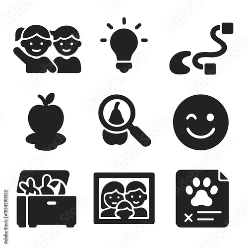 Children's Play Icons. Solid, filled icons set of children’s interactive play at home: happy kids, idea bulb,