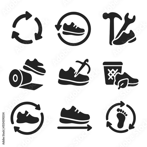 Circular Economy Footwear Icons. Solid, filled icons set of circular economy in footwear: circular arrows,