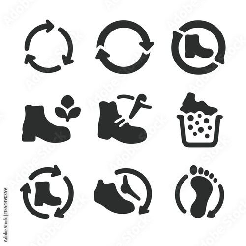 Circular Economy Footwear Icons. Solid, filled icons set of circular economy in footwear: circular arrows,