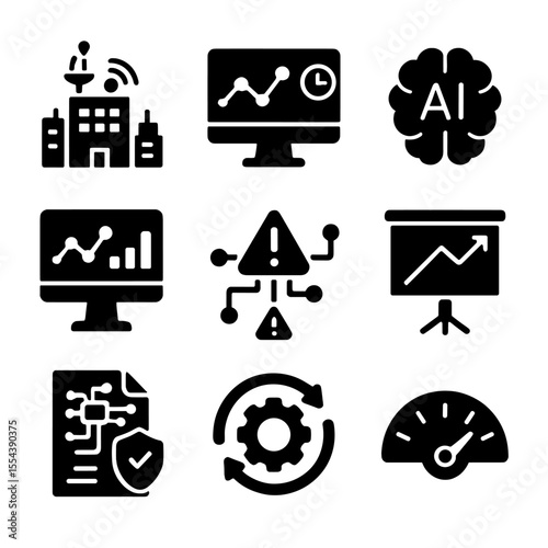 Citywide Automation Icons. Solid, filled icons set of citywide automation systems: central control center,
