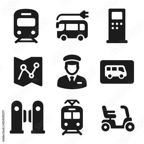 City Transit Icons. Solid, filled icons set of city transportation services: metro train, electric bus, ticket