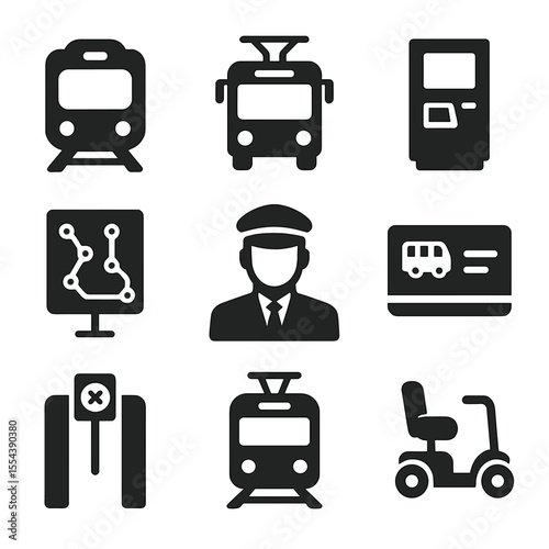 City Transit Icons. Solid, filled icons set of city transportation services: metro train, electric bus, ticket