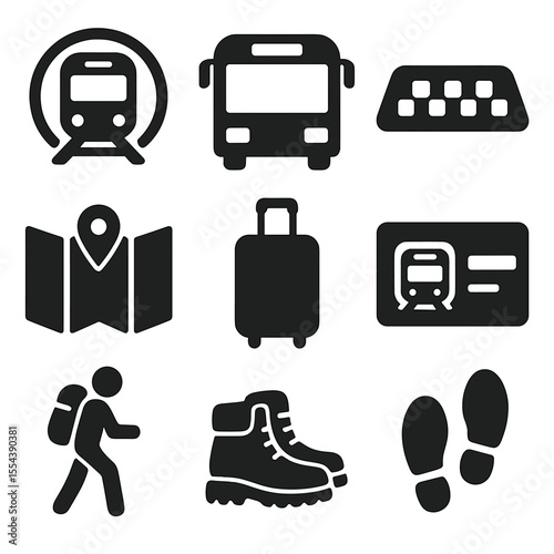 City Travel Icons. Solid, filled icons set of city travel and transit: subway icon, city bus, taxi sign, urban