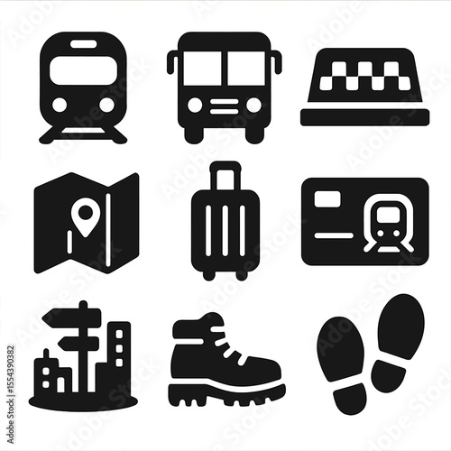 City Travel Icons. Solid, filled icons set of city travel and transit: subway icon, city bus, taxi sign, urban