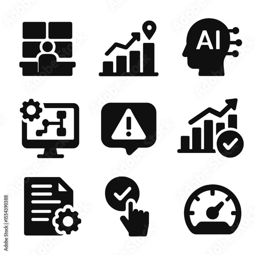 Citywide Automation Icons. Solid, filled icons set of citywide automation systems: central control center,