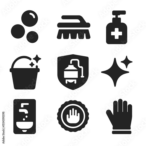 Clean Brewing Icons. Solid, filled icons set of clean-up and safe brewing practices: soap bubble, scrub brush,