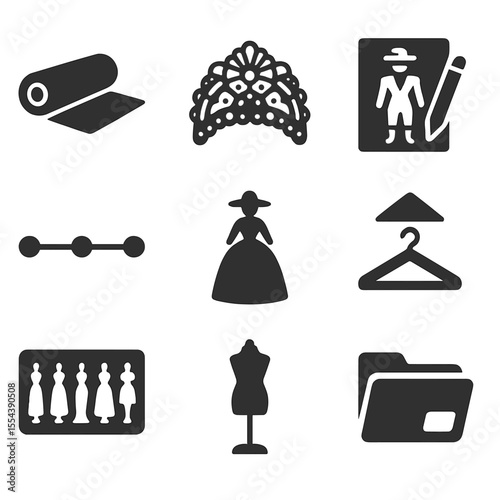 Clothing History Icons. Solid, filled icons set of clothing history themes: fabric roll, lace detail, costume