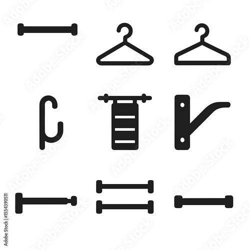 Closet Rod Icons. Solid, filled icons set of closet rod: hanging rod, shirt hanger, pant hanger, coat hook,