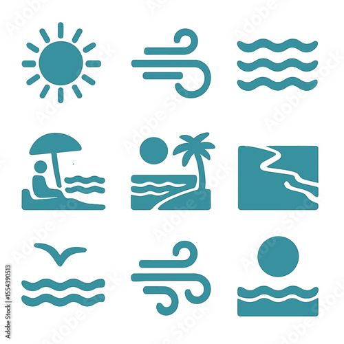 Coastal Daydream Icons. Solid, filled icons set of coastal daydream: warm sun, cool breeze, turquoise