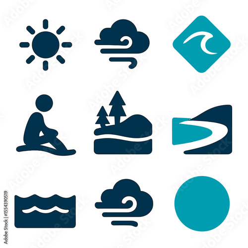 Coastal Daydream Icons. Solid, filled icons set of coastal daydream: warm sun, cool breeze, turquoise
