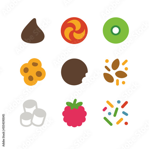 Colorful Topping Icons. Solid, filled icons set of colorful and creative toppings: chocolate chip, candy swirl