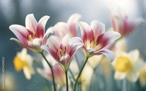 A vibrant and cheerful floral scene is created in a garden where pink and white lilies and yellow daffodils bloom, bathed in warm sunlight