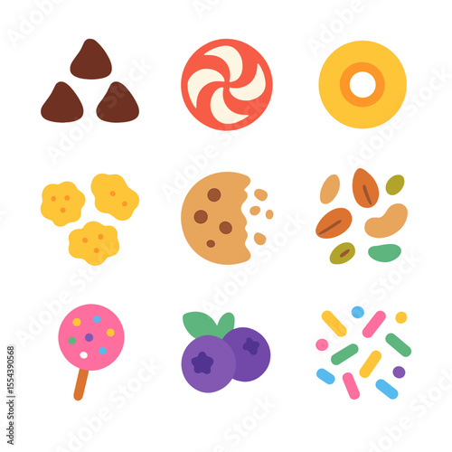 Colorful Topping Icons. Solid, filled icons set of colorful and creative toppings: chocolate chip, candy swirl
