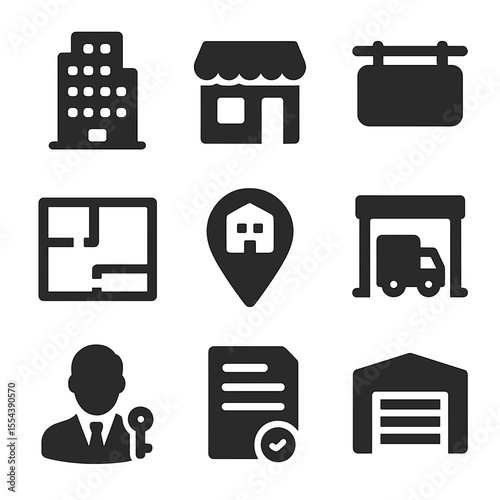 Commercial Real Estate Icons. Solid, filled icons set of commercial real estate: office tower, retail