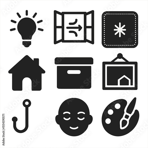 Comfort Icons Grid. Solid, filled icons set of final touches and comfort: bright light, fresh air, clean mat,