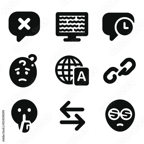 Communication Barrier Icons. Solid, filled icons set of communication barriers: speech bubble with X, static