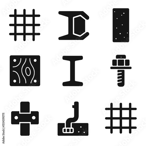 Construction Material Icons. Solid, filled icons set of construction materials: rebar grid, steel beam,