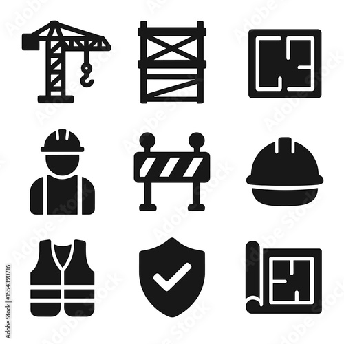 Construction Icons Grid. Solid, filled icons set of building site overview: crane tower, scaffolding frame,