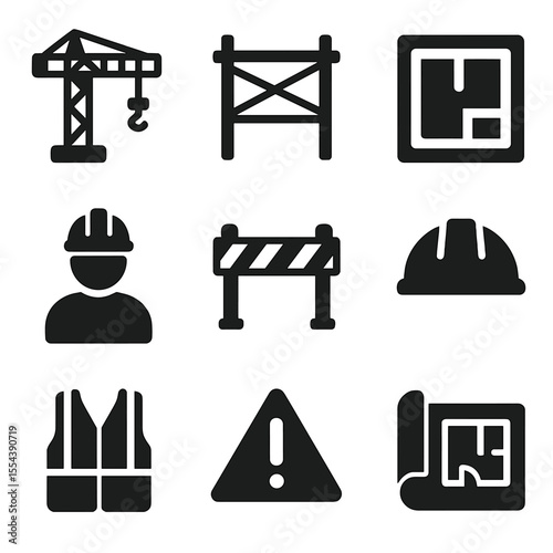 Construction Icons Grid. Solid, filled icons set of building site overview: crane tower, scaffolding frame,