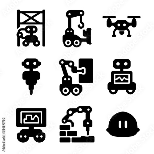 Construction Robot Icons. Solid, filled icons set of construction site repair bots: scaffold assistant,