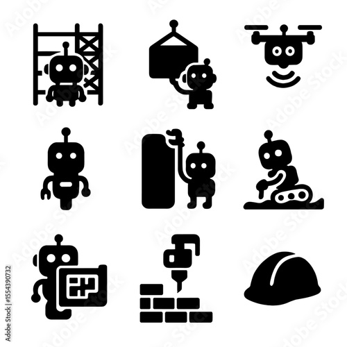 Construction Robot Icons. Solid, filled icons set of construction site repair bots: scaffold assistant,