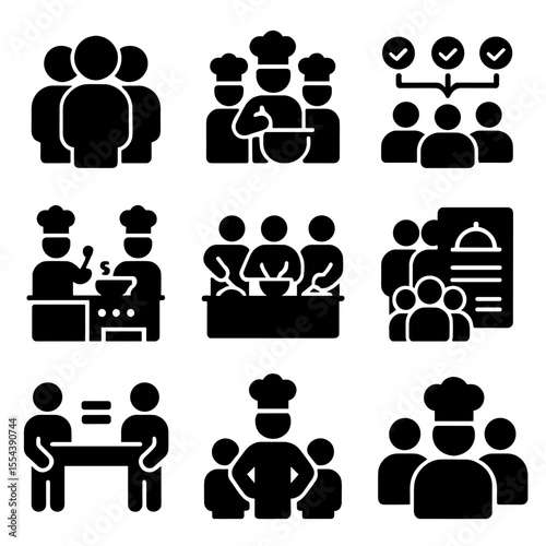 Cooking Team Icons. Solid, filled icons set of cooking team collaboration: chef team, group cooking, task
