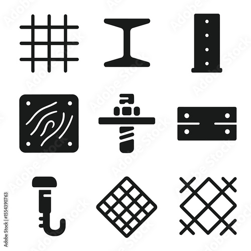 Construction Material Icons. Solid, filled icons set of construction materials: rebar grid, steel beam,