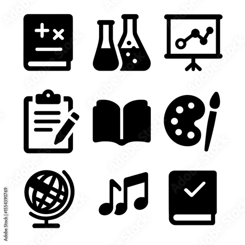 Core Teaching Icons. Solid, filled icons set of core teaching materials: math book, science kit, history chart