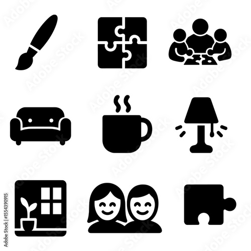 Cozy Home Moments. Solid, filled icons set of creative and relaxing home moments: paint brush, cozy puzzle,