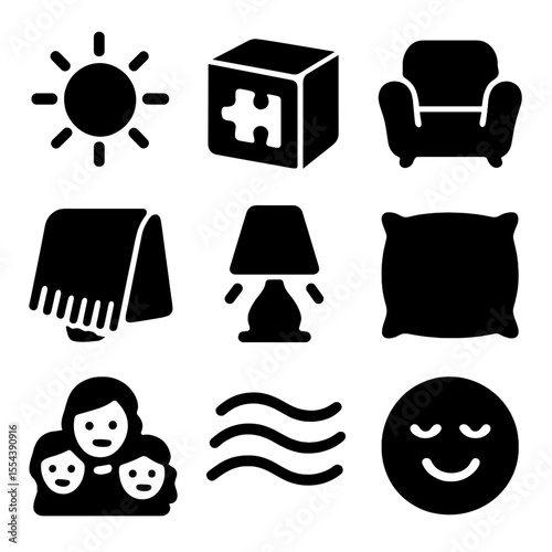 Cozy Indoor Icons. Solid, filled icons set of cozy afternoon indoor joy: sun icon, puzzle box, soft chair,