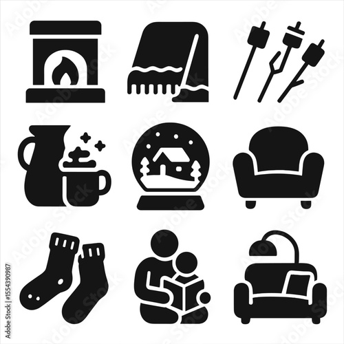 Cozy Winter Party Icons. Solid, filled icons set of cozy indoor winter party: fireplace icon, warm blanket,