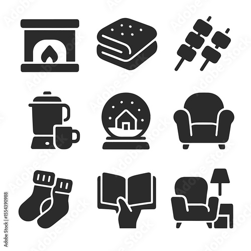 Cozy Winter Party Icons. Solid, filled icons set of cozy indoor winter party: fireplace icon, warm blanket,