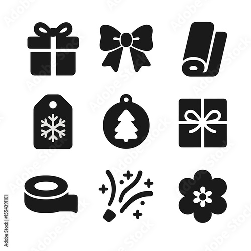Creative Gift Wrapping Icons. Solid, filled icons set of creative gift wrapping: gift box, ribbon bow,